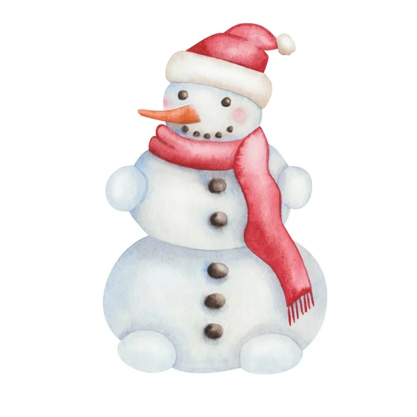 Иллюстрация Акварелью Раскрашенного Вручную Снеговика Красную Шляпу Шарф Изолированный Белом — стоковое фото