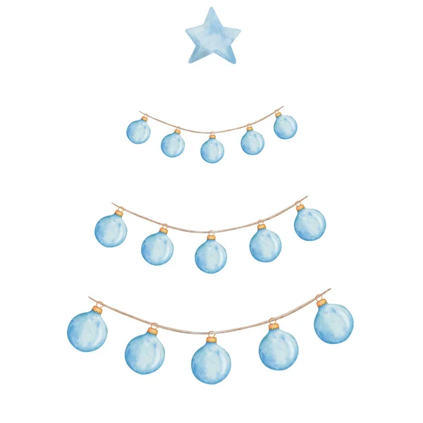 Watercolor Illustration Hand Painted Blue Star Balls Chaplet Form Christmas — Stockfoto