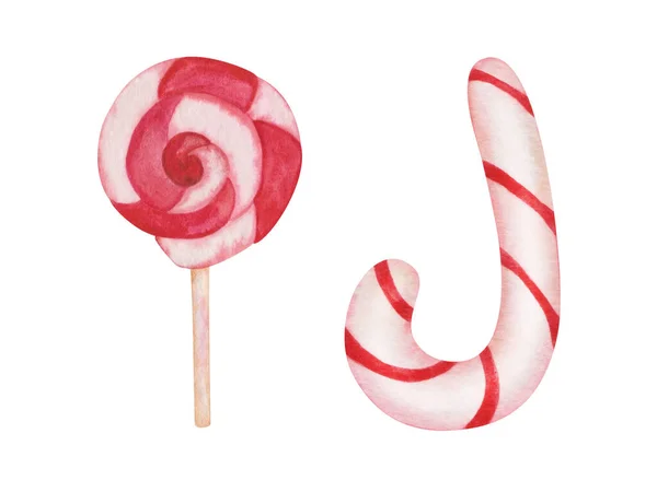 Watercolor Illustration Hand Painted Candy Cane Spiral Lollipop Red White — Foto de Stock
