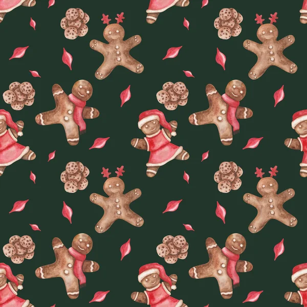 Watercolor seamless pattern from hand painted illustration of brown gingerbread cookies of little man on dark green background. Design print for Christmas, New Year, winter packaging paper, textile