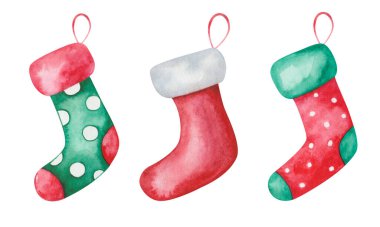 Watercolor illustration of hand painted green, red and white hanging socks woth polka dot for Santa Claus presents. Stocking for gifts. Isolated clip art for New Year print, Christmas postcard, poster