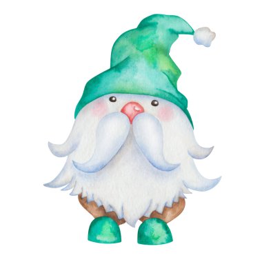 Watercolor illustration hand painted little dwarf with long beard, hair with green hat isolated on white. Cartoon clip art gnome character for holiday celebration New Year, Christmas design postcard
