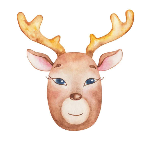 Watercolor illustration of hand painted head of brown deer with long yellow, golden horns antlers. Cartoon reindeer. Santa Claus animal. Isolated clip art for New Year prints, Christmas cards, posters