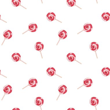 Watercolor seamless pattern from hand painted illustration of lollipop candy red and white, tasty sweets for children isolated on white. Print for design making packaging, textile fabric, postcards