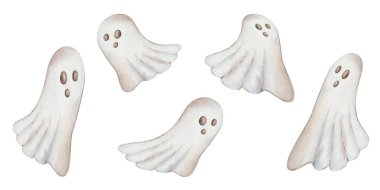 Watercolor illustration hand painted white flying ghosts with faces for Halloween isolated on white. Spirit clip art elements for fall holiday, celebration in autumn, design postcards, posters making