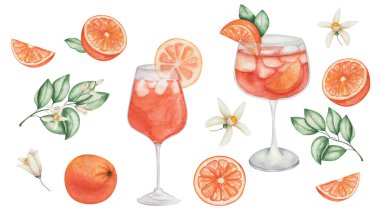 Watercolor illustration of hand painted orange cocktail in glass with slice of orange fruit, green leaves, flowers, cubical ice. Isolated clip art of goblet with aperol spritz. Alcohol beverage drink
