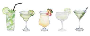 Watercolor illustration of hand painted green cocktails in glass with fruits as lime, olives, lemon, cherry, pineapple. Mojito, margarita, dry martini, pina colada, gimlet. Alcohol beverage drinks