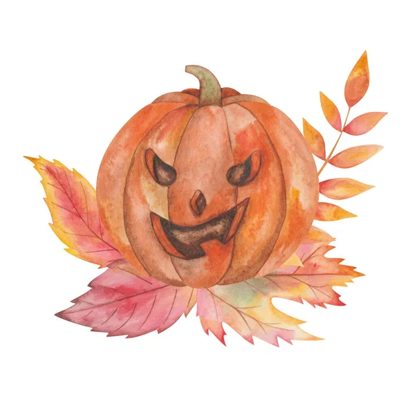 Watercolor illustration hand painted orange carved pumpkin with scary face for Halloween on autumn leaves isolated on white. Food clip art element for holiday celebration, design postcards, posters