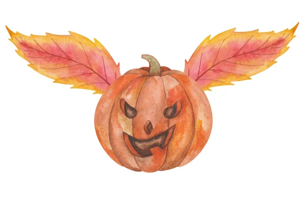 Watercolor Illustration Hand Painted Orange Carved Pumpkin Scary Face Halloween — 스톡 사진