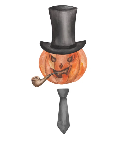 Watercolor Illustration Hand Painted Carved Jake Lantern Orange Pumpkin Black — 스톡 사진