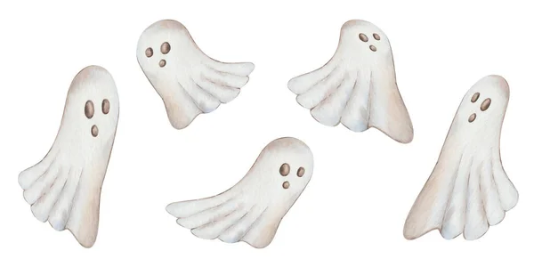 Watercolor Illustration Hand Painted White Flying Ghosts Faces Halloween Isolated — Fotografia de Stock