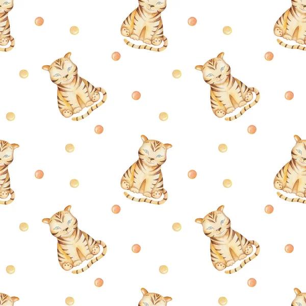 Watercolor Seamless Pattern Hand Painted Illustration Little Baby Tiger Stripes — Stockfoto