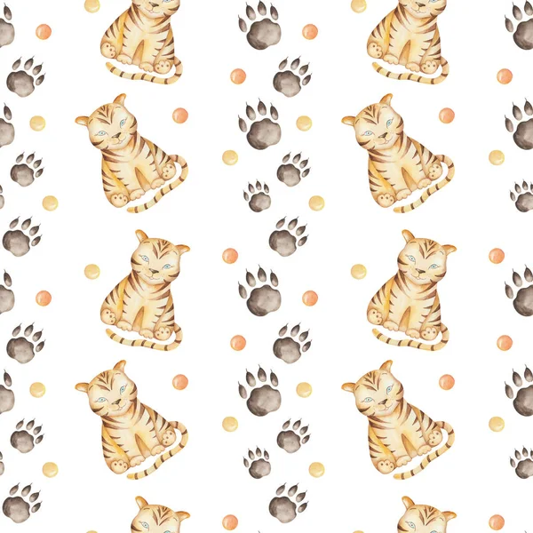 Watercolor Seamless Pattern Hand Painted Illustration Little Baby Tiger Foot — Stockfoto