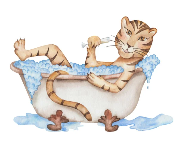 Watercolor Illustration Hand Painted Tiger Taking Bath Blue Water Foam — Stock Photo, Image
