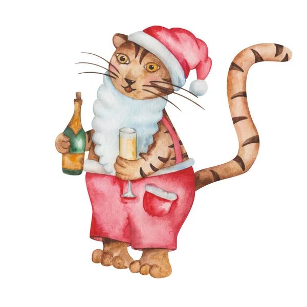 Watercolor Illustration Hand Painted Tiger Red Santa Claus Clothes Hat — Stockfoto