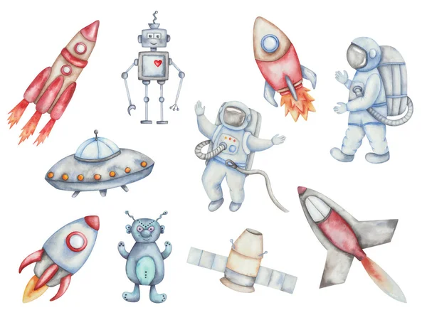 Watercolor illustration of hand painted spaceship, spacecraft, satellite and rocket with fire. Spacemen, alien and robot characters. Isolated clip art vehicles and cosmonaut flying in open space