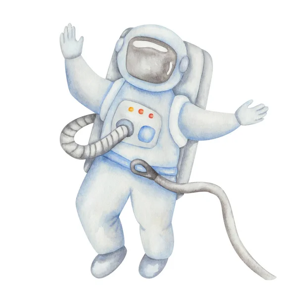 Watercolor Illustration Hand Painted Spaceman Space Costume Grey Blue Colors — Stockfoto