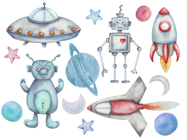 Watercolor Illustration Hand Painted Spaceship Spacecraft Rocket Fire Alien Robot — 图库照片