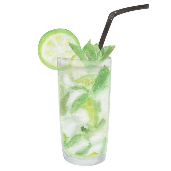 Watercolor Hand Painted Mojito Cocktail Glass Straw Slice Green Lime — Stockfoto