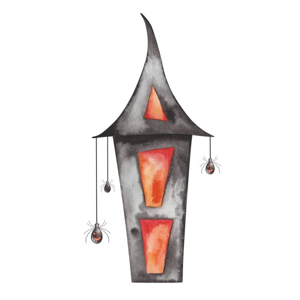 Watercolor illustration of hand painted haunted house with spiders in black color, with orange, red windows, crooked rooftop. Building on fire. Isolated clip art for Halloween cards, packaging paper
