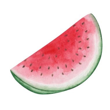 Watercolor illustration of hand painted watermelon with black seeds, green peel, red inside cut in slice. Autumn harvest of vegetables, sweet berry. Isolated food clip art for Thanksgiving postcards