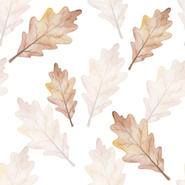 Watercolor seamless pattern from hand painted illustration of oak tree leaves in autumn brown colors isolated on white. Forest nature print for fall season fabric textile, design cards, packaging