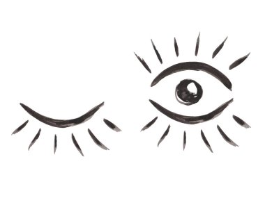 Watercolor illustration of hand painted abstract silhouette of open and close women eyes with lashes in black color. Isolated clip art element design postcards, fabric textile, pattern making