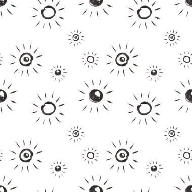 Watercolor seamless pattern from hand painted illustration of abstract sun with beams in black color in doodle style. Monochrome print on white background for design postcards, fabric textile