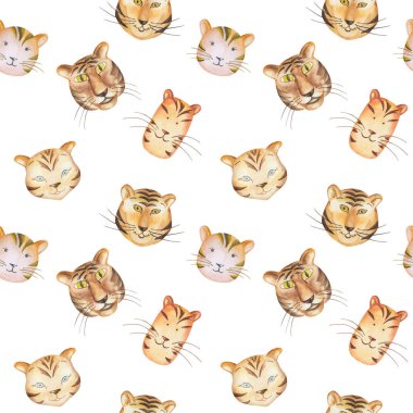 Watercolor seamless pattern from hand painted illustration of tiger heads with smile, whiskers, stripes on fur on white background. Print with cartoon wild animals for design postcard, fabric textile