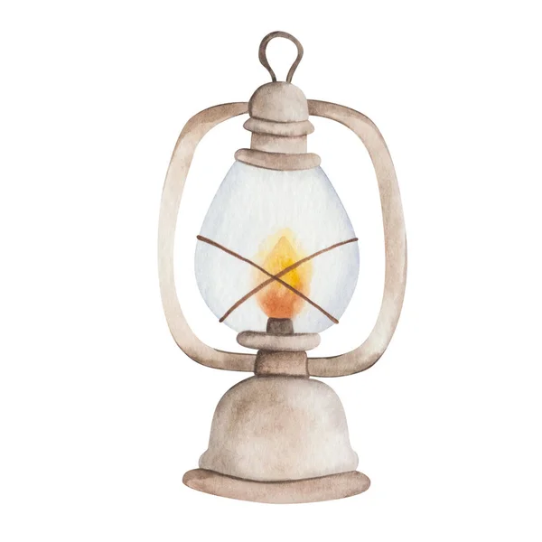 Watercolor Illustration Hand Painted Brown Rusty Betty Oil Lamp Fire — Stok fotoğraf