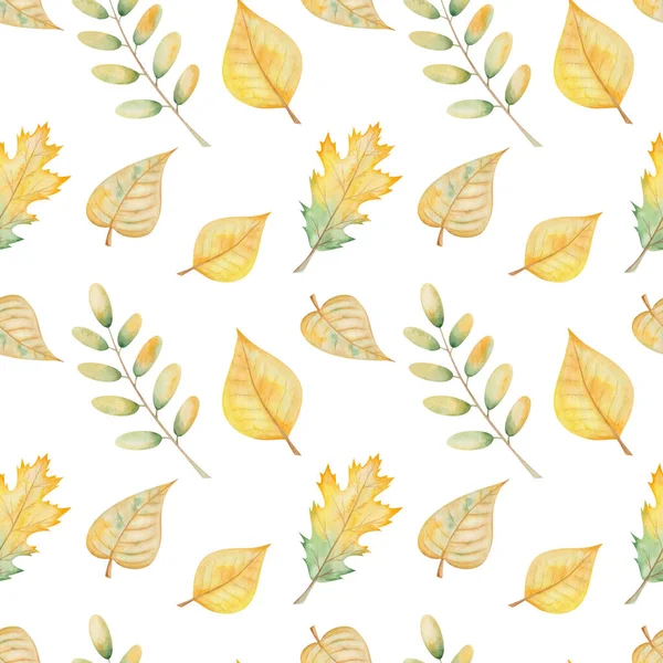 Watercolor seamless pattern from hand painted illustration of tree leaves in autumn yellow, green colors isolated on white. Forest nature print for fall season fabric textile, design cards, packaging