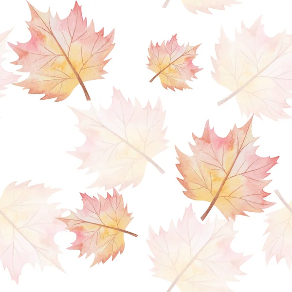 Watercolor seamless pattern from hand painted illustration of maple tree leaves in red, yellow colors isolated on white. Forest nature print for autumn season fabric textile, design card, packaging
