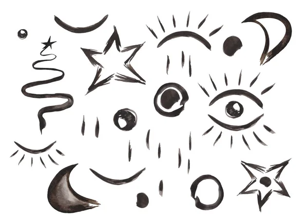 Акварельна Ілюстрація Ручної Розфарбованої Абстрактного Силуету Зірки Місяця Очей Крапок — стокове фото