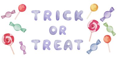 Watercolor illustration hand painted text Trick or Treat hand written, candy lollipop, bonbon drop sweets for children for Halloween. Isolated clip art element for holiday celebration, design postcard