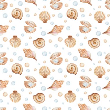 Watercolor seamless pattern from hand painted illustration of sea shell in brown beige color with blue jewelry pearl, bubbles. Ocean animal. Marine print on white background for summer fabric textile