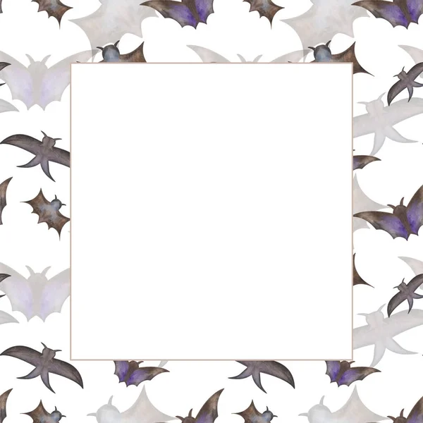 Watercolor square frame from hand painted illustration of flying black bats with spread wings for Halloween isolated. Animal print for design greeting postcards, packaging paper, banners, posters