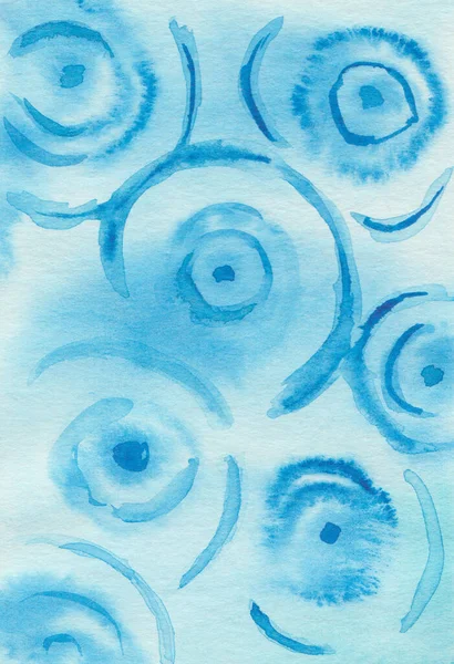 Watercolor illustration of hand painted blue abstract background with circles on water from drops. Nature landscape abstraction. Sea, ocean painting. Spring, summer poster design, interior banner