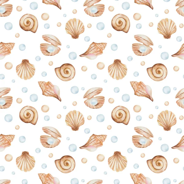 Watercolor seamless pattern from hand painted illustration of sea shell in brown beige color with blue jewelry pearl, bubbles. Ocean animal. Marine print on white background for summer fabric textile
