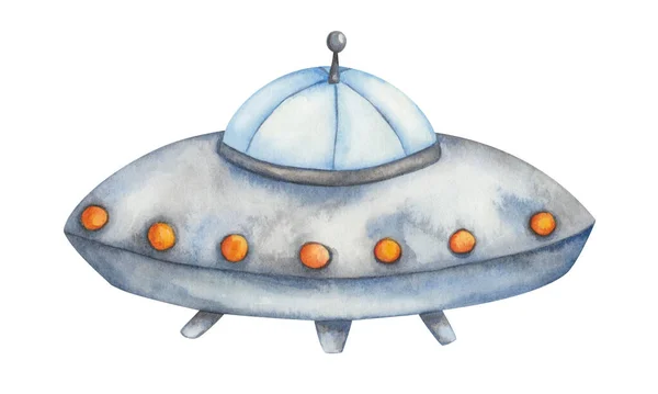 Watercolor Illustration Hand Painted Spaceship Blue Grey Colors Alien Spacecraft — ストック写真