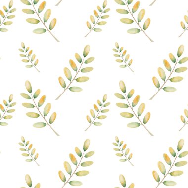 Watercolor seamless pattern from hand painted illustration of tree leaves in autumn yellow, green colors isolated on white. Forest nature print for fall season fabric textile, design cards, packaging