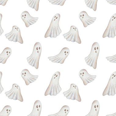 Watercolor seamless pattern from hand painted illustration of white flying ghost with face for Halloween isolated on white. Spirit character for holiday celebration in autumn, design postcards, fabric
