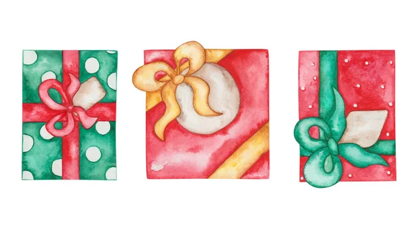 Watercolor Illustration Hand Painted Green Red Golden Yellow Gift Boxes — Zdjęcie stockowe