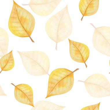 Watercolor seamless pattern from hand painted illustration of birch tree leaves in autumn yellow colors isolated on white. Forest nature print for fall season fabric textile, design cards, packaging