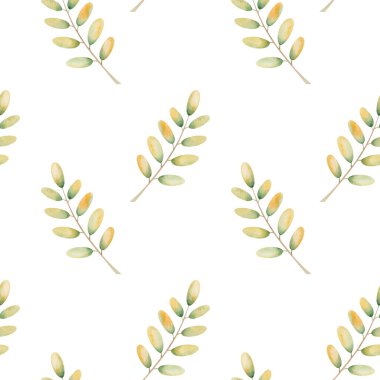 Watercolor seamless pattern from hand painted illustration of tree leaves in autumn yellow, green colors isolated on white. Forest nature print for fall season fabric textile, design cards, packaging