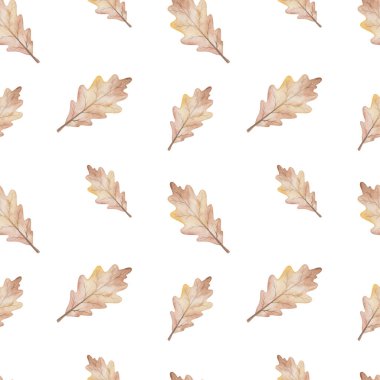 Watercolor seamless pattern from hand painted illustration of oak tree leaves in autumn brown colors isolated on white. Forest nature print for fall season fabric textile, design cards, packaging