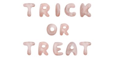 Watercolor illustration hand painted text Trick or Treat from hand written bold lettering for Halloween isolated on white. Font clip art element for holiday celebration, design postcards, posters