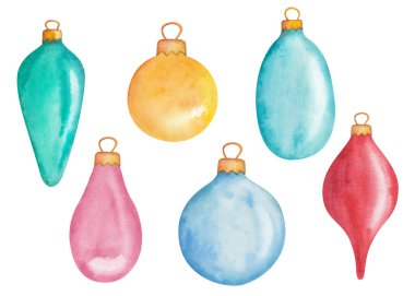 Watercolor illustration hand painted decorative toys, balls bauble for fir tree, pine, spruce for Christmas, New Year isolated. Winter clip art element for design postcard, packaging paper, textile