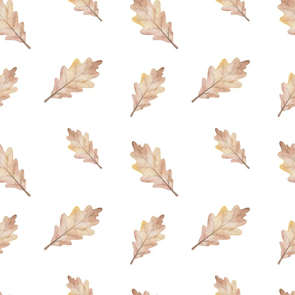 Watercolor seamless pattern from hand painted illustration of oak tree leaves in autumn brown colors isolated on white. Forest nature print for fall season fabric textile, design cards, packaging