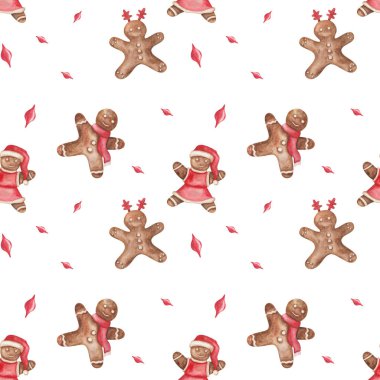 Watercolor seamless pattern from hand painted illustration of brown gingerbread cookies of little man on white background. Design print for Christmas, New Year, winter packaging paper, textile