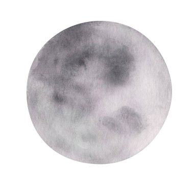 Watercolor illustration of hand painted grey Moon satellite of Earth. Space and outer space. Extraterrestrial object of Solar system. Isolated on white clip art element for prints, banners and posters
